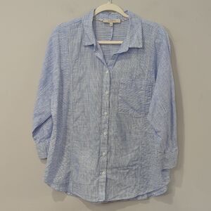 Linen Button Up 3/4 Sleeve Striped Blue White size Large